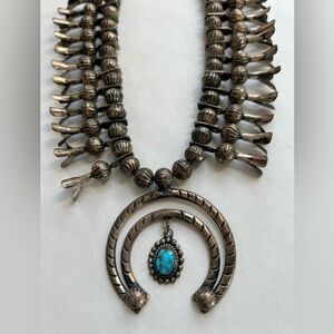 Large Navajo Vintage Antique Silver & Turquoise Squash Blossom Necklace